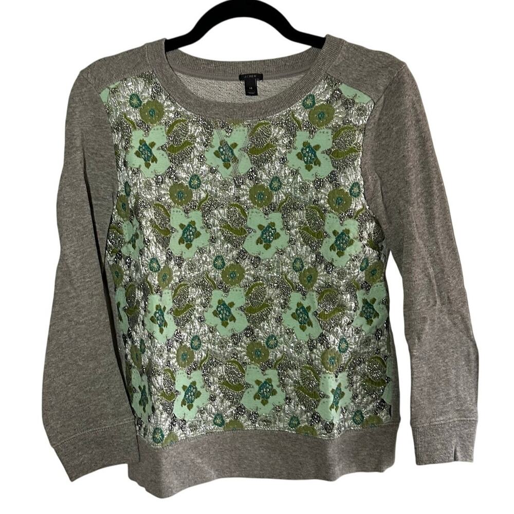 J. Crew Women's Gray Blue‎ Green Embroidered Metallic Floral Pullover Size XS